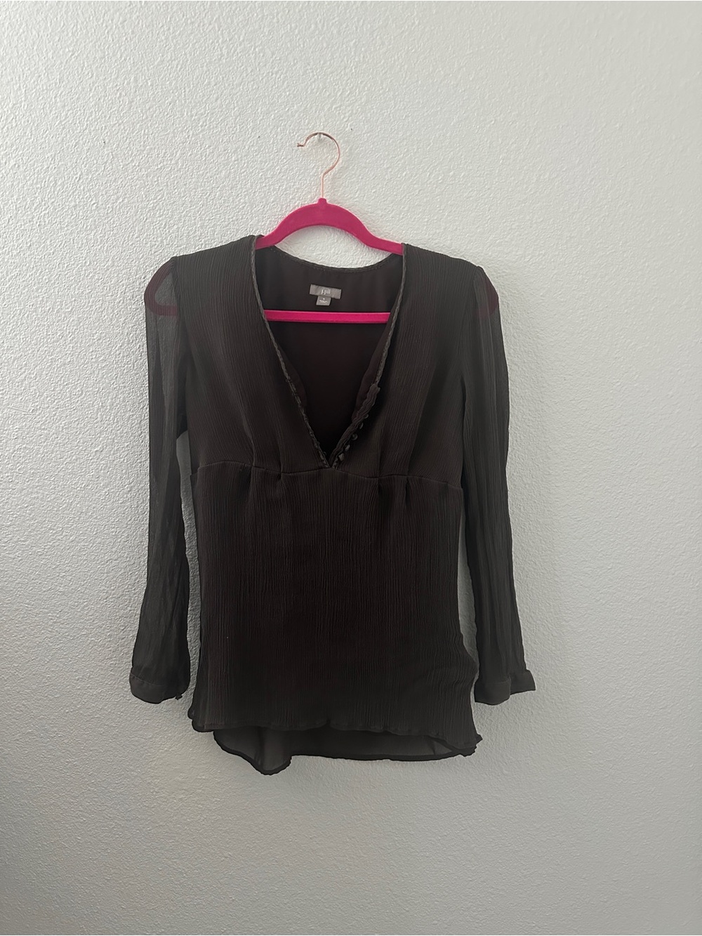 Y2K whimsy Goth Brown Sheer V-Neck Long Sleeve Blouse 100% Silk